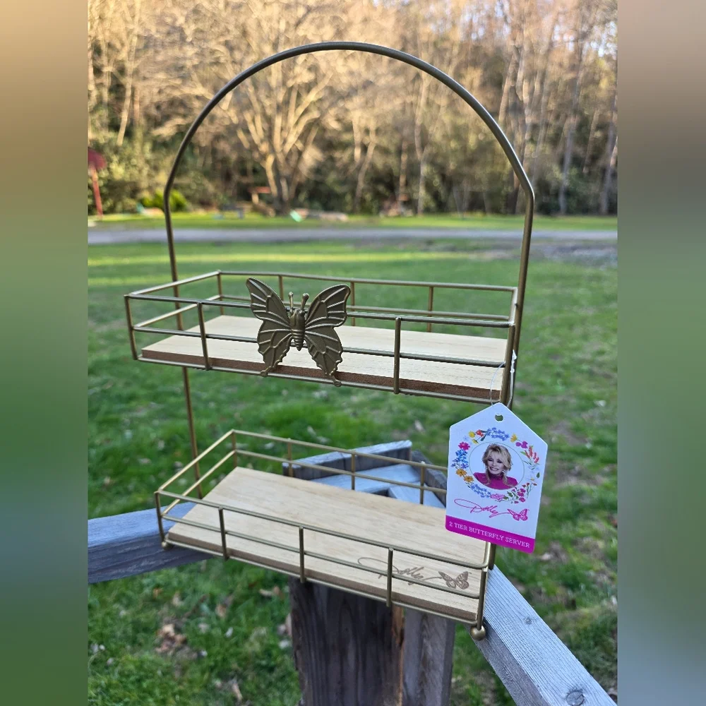 Dolly Parton 2 Tier Butterfly Serving Tray Server Shelf Wood and Metal Signature